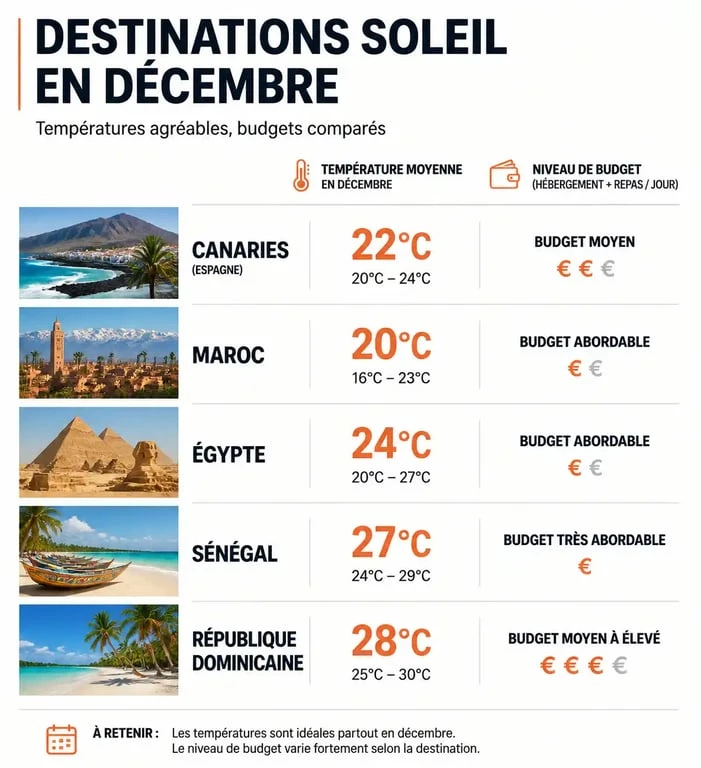 Infographie comparative des meilleures destinations pour un voyage au soleil en décembre pas cher