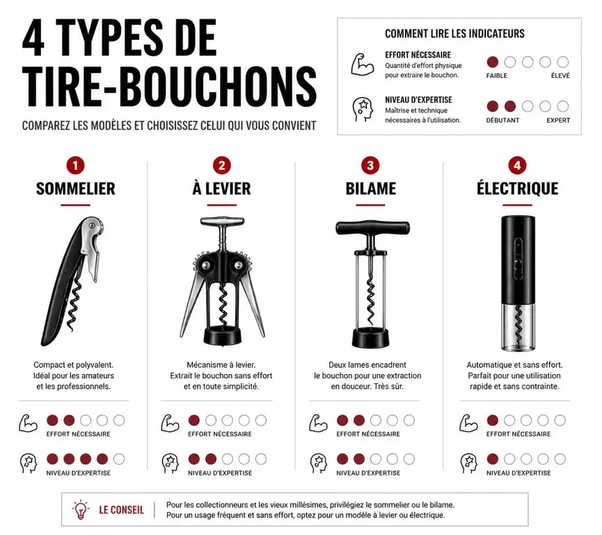 Infographie comparative des différents types de tire-bouchons pour choisir le modèle adapté à vos besoins