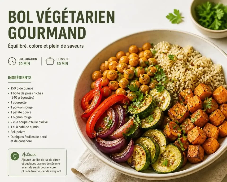 Plat végétarien simple et équilibré composé de légumes et légumineuses, parfait pour une recette végétarienne simple.
