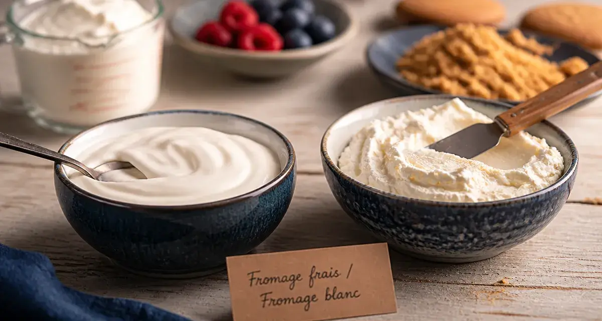 Fromage blanc ou fromage frais : bols et cuillère, texture crème