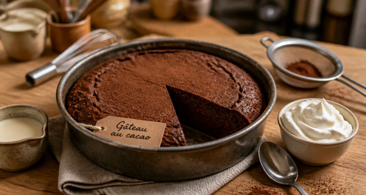 Gateau cacao moelleux sans chocolat pâtissier, saupoudré de cacao