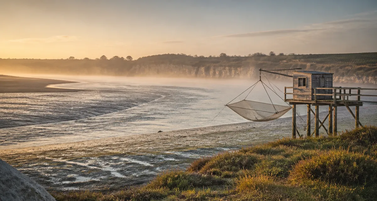 Gironde fleuve : estuaire, vasières et carrelet sur pilotis au lever du jour
