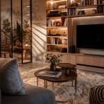 Idées déco maison intérieur : salon lumineux avec verrière industrielle vitrée, tapis et bibliothèque