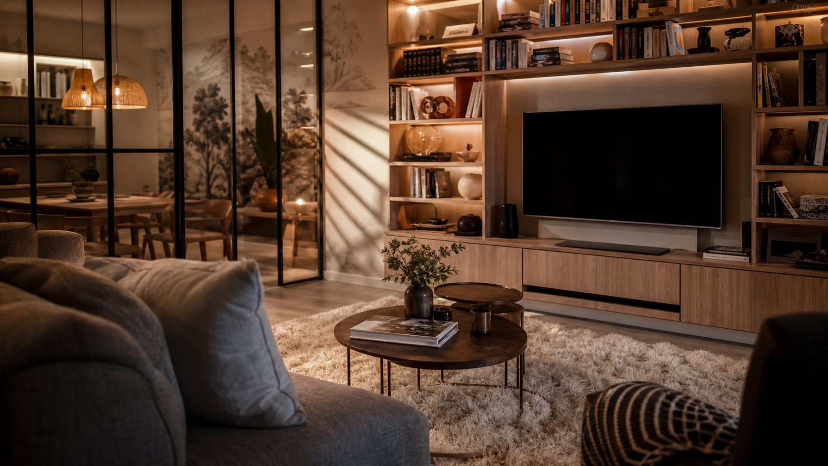 Idées déco maison intérieur : salon lumineux avec verrière industrielle vitrée, tapis et bibliothèque