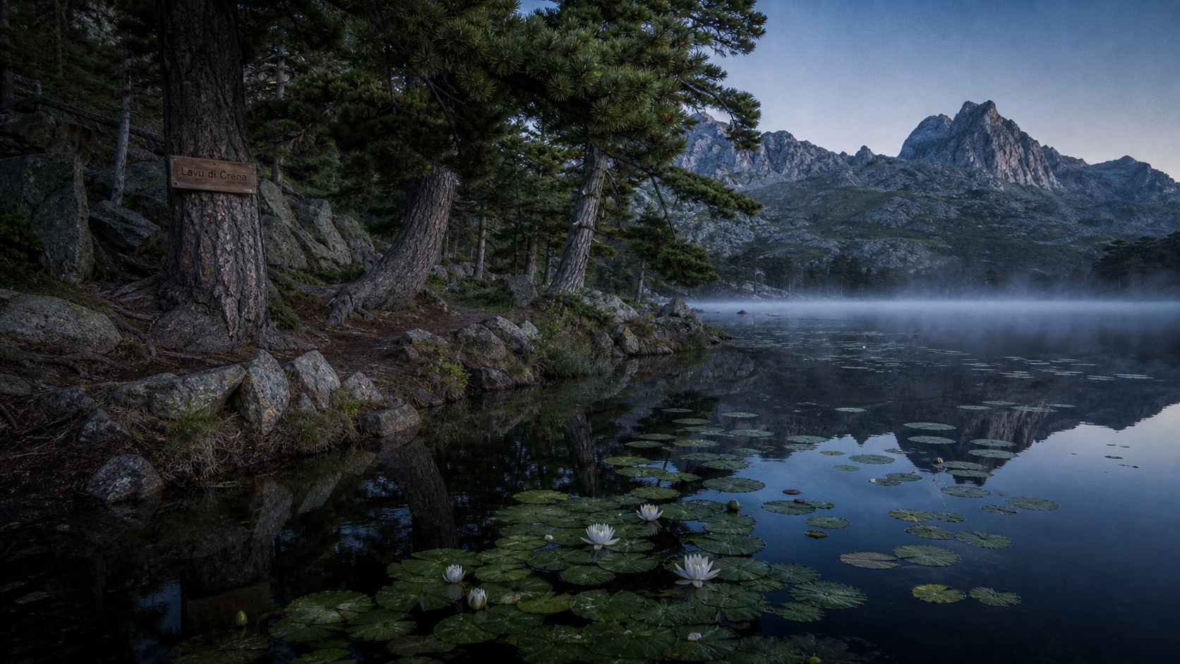 lac de creno à 1310 m, eau sombre et pins laricio en Corse