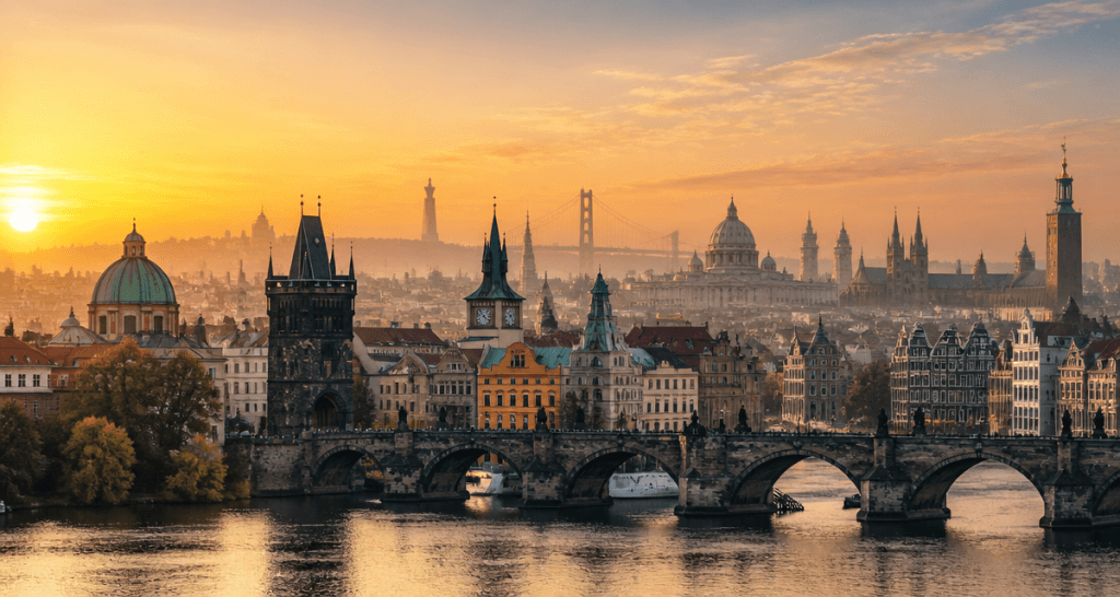 Vue au lever du soleil sur les plus belles capitales d europe