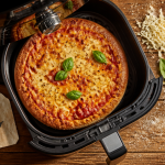 Pizza surgelée airfryer dorée sur planche bois