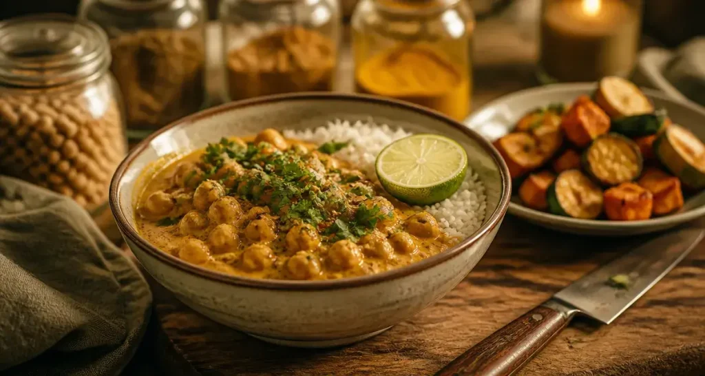 Recette végétarienne simple : curry de pois chiches au lait de coco et riz