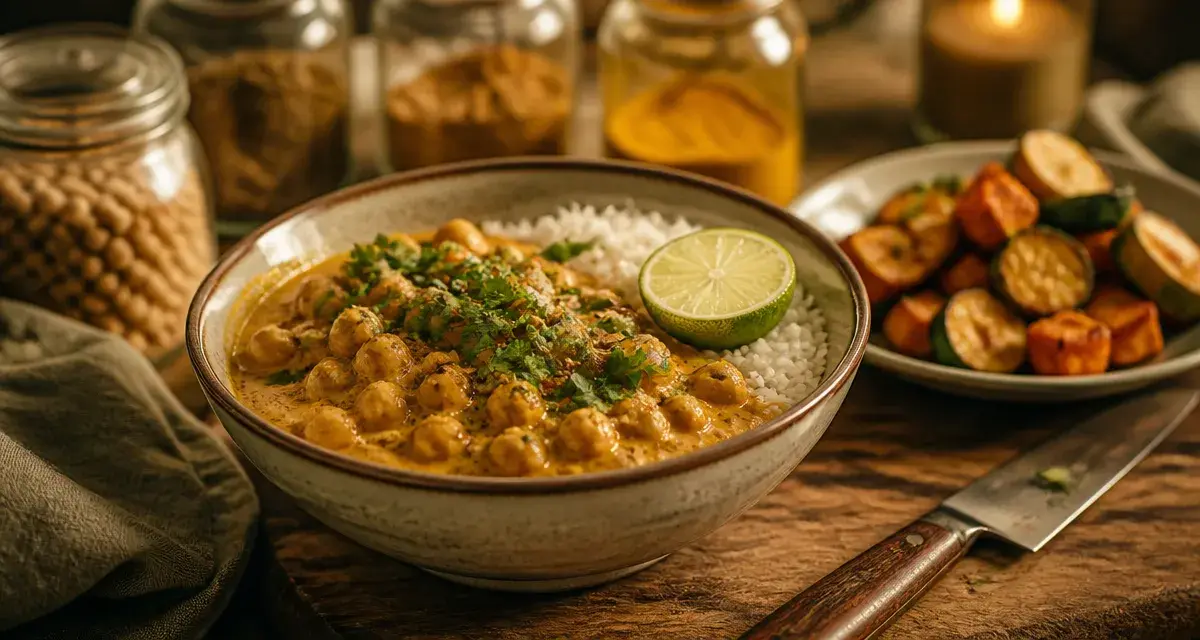 Recette végétarienne simple : curry de pois chiches au lait de coco et riz