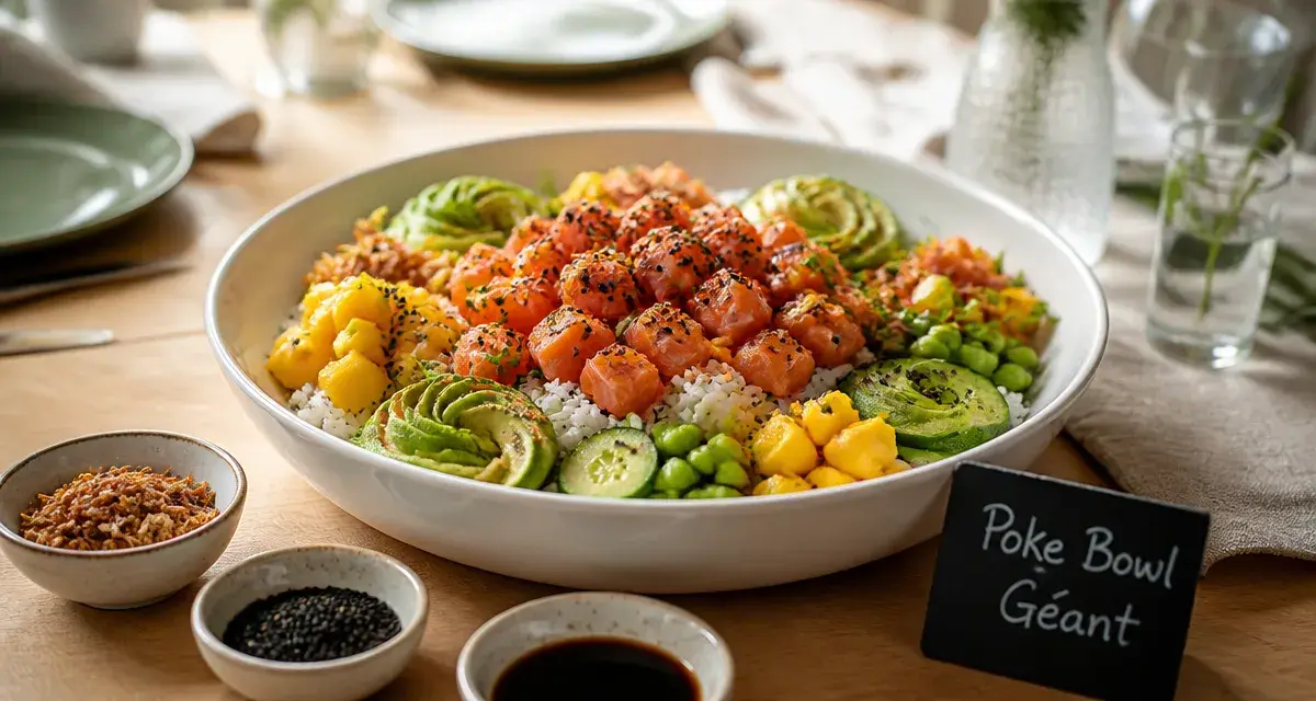 Repas froid entre amis : grand poke bowl saumon-mangue