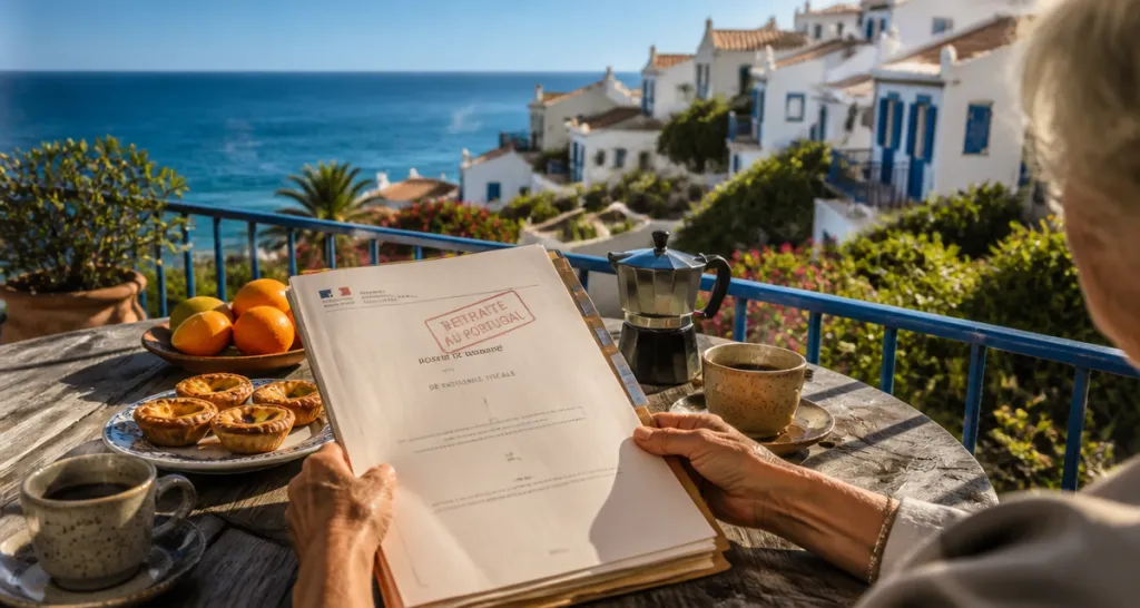 retraités au portugal savourant un petit-déjeuner sur terrasse face à l'océan