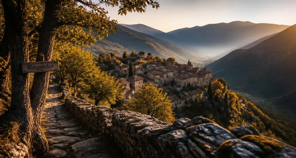roquedur village cévenol vue depuis un chemin en pierre sèche