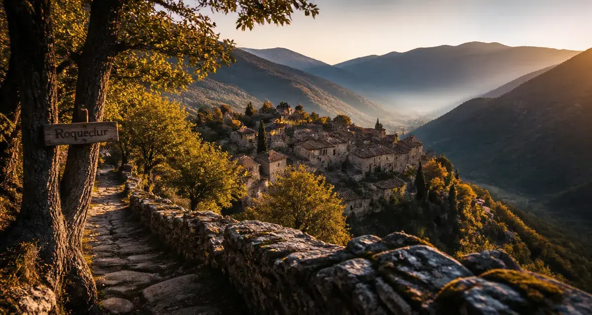 roquedur village cévenol vue depuis un chemin en pierre sèche