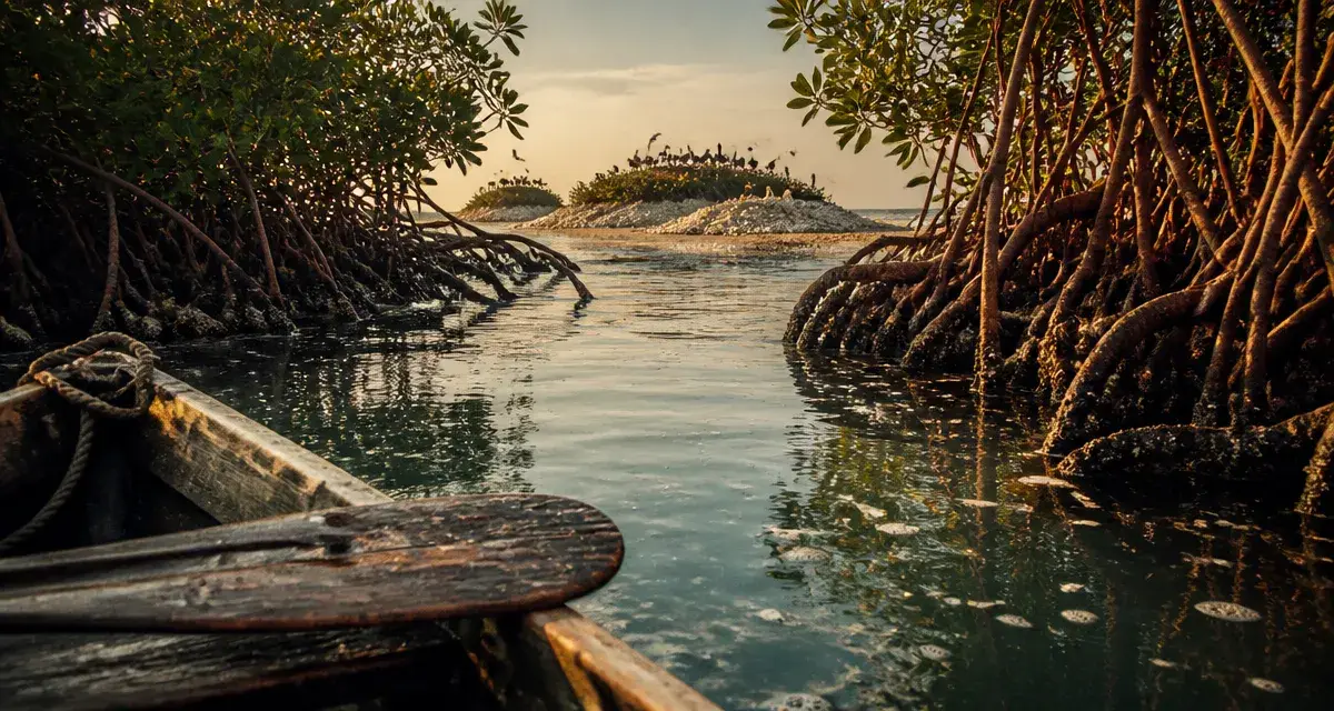 Sénégal paysage : pirogue dans les bolongs de mangrove, palétuviers