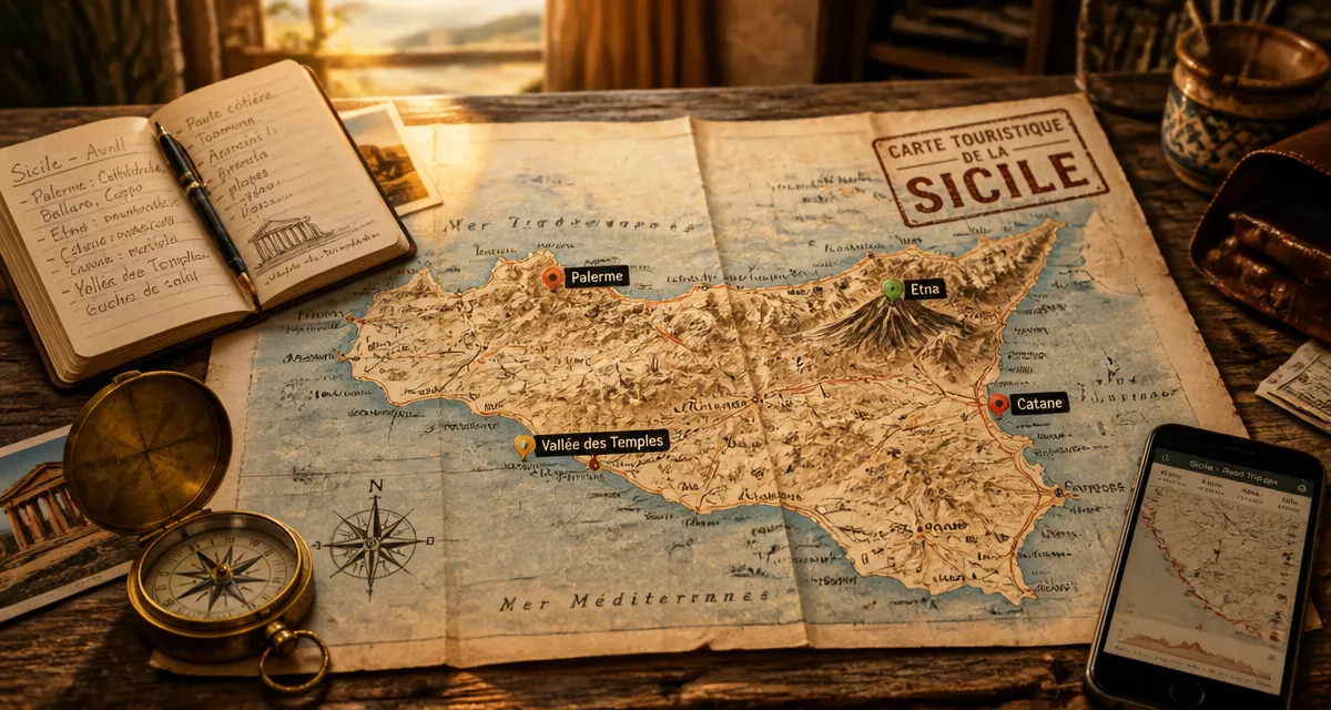 sicile carte touristique avec itinéraires et points clés