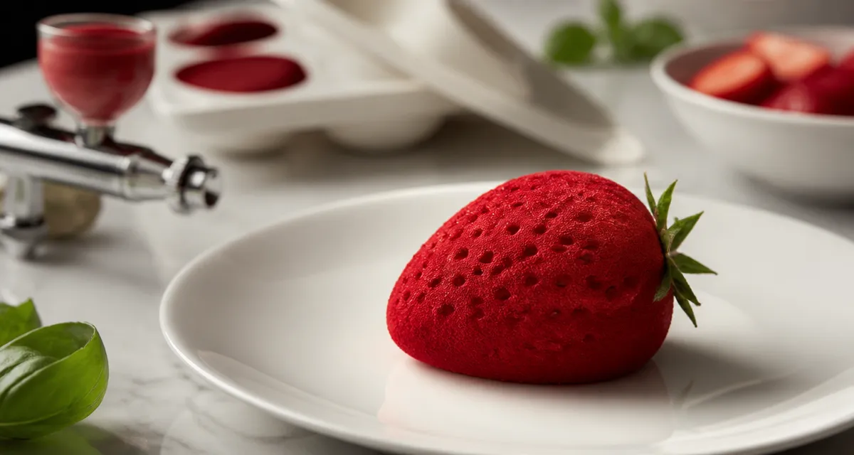 Trompe l oeil fraise pâtissier, fraise veloutée réaliste sur assiette