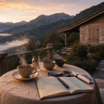 Voyages haut de gamme : terrasse premium au lever du jour, vallée brumeuse et éco-lodge