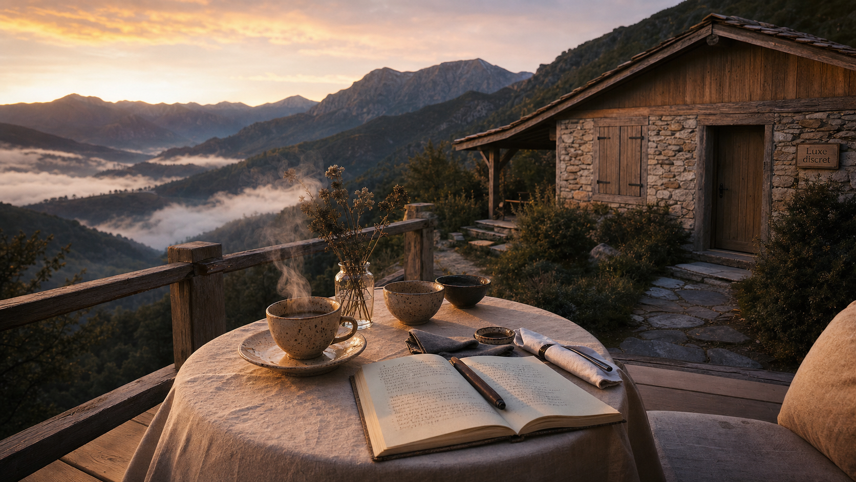 Voyages haut de gamme : terrasse premium au lever du jour, vallée brumeuse et éco-lodge