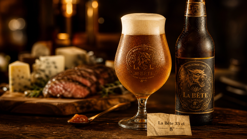 Biére la bete blonde 33 cl 8° en chope tulipe, notes caramélisées