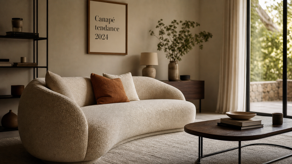 Canape tendance 2024 : canapé arrondi bouclé beige sable
