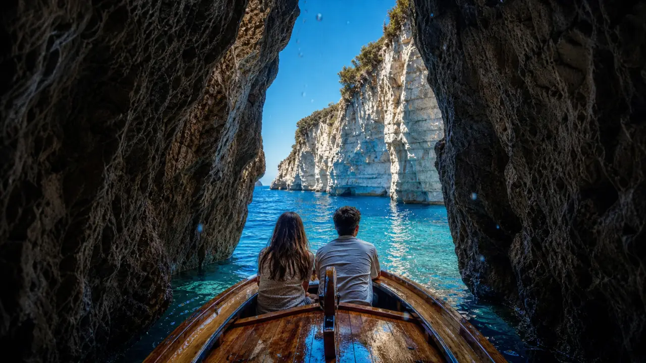 Capri Italy Grotta Azzurra : barque sous une entrée étroite, eau turquoise
