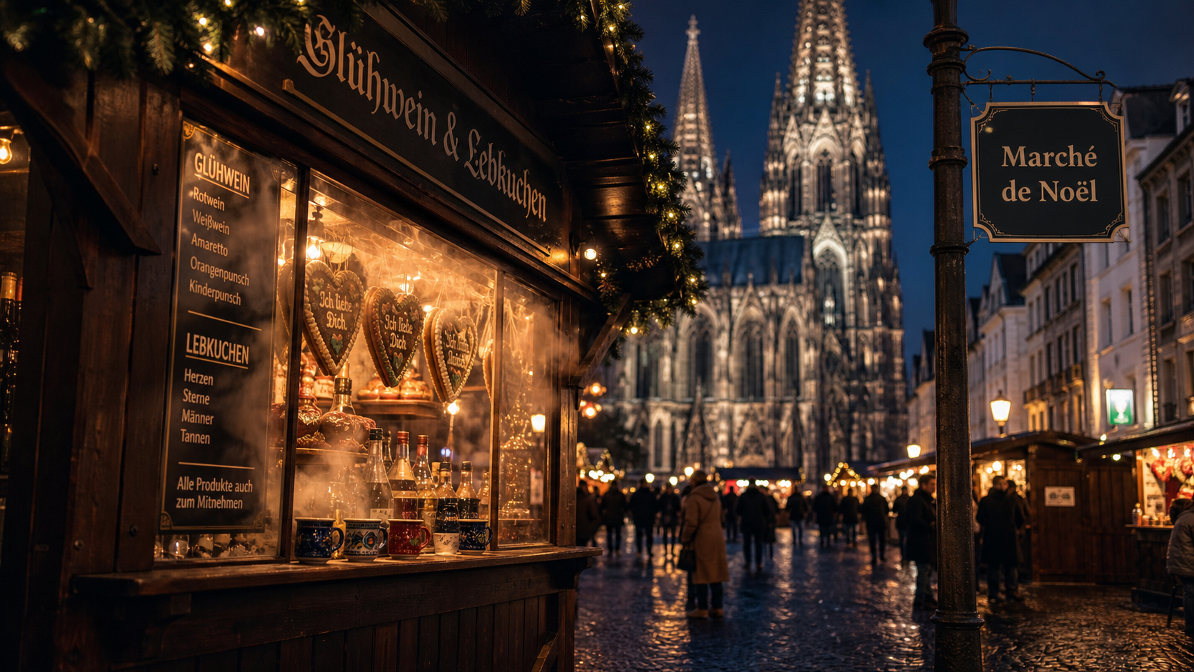 cologne marché de noel devant la cathédrale et un chalet fumant