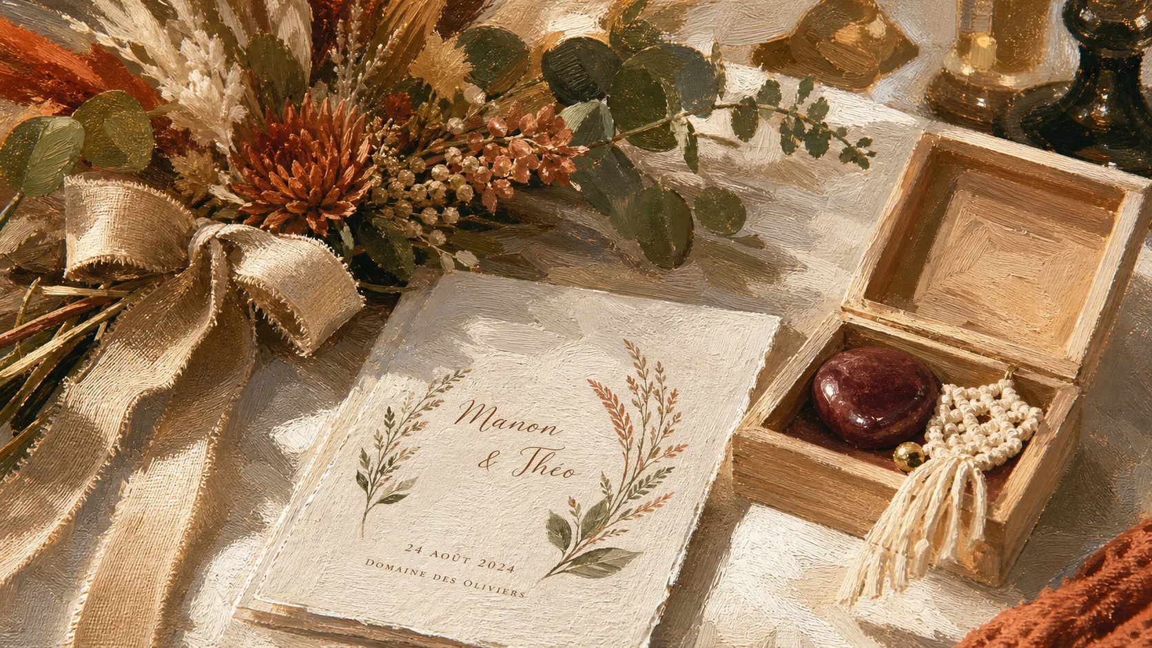 Couleur bohème terracotta écru bleu canard : table de mariage bohème en plan rapproché