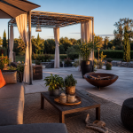 Déco jardin extérieur : coin détente sur terrasse avec éclairage et canapé
