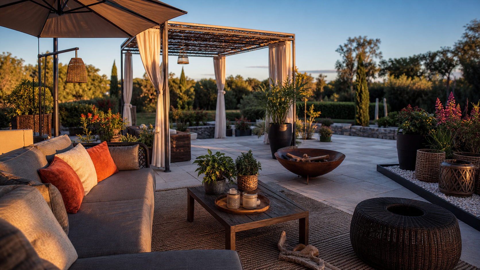 Déco jardin extérieur : coin détente sur terrasse avec éclairage et canapé