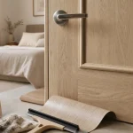 Décoration porte intérieure avec habillage effet bois clair sur porte blanche
