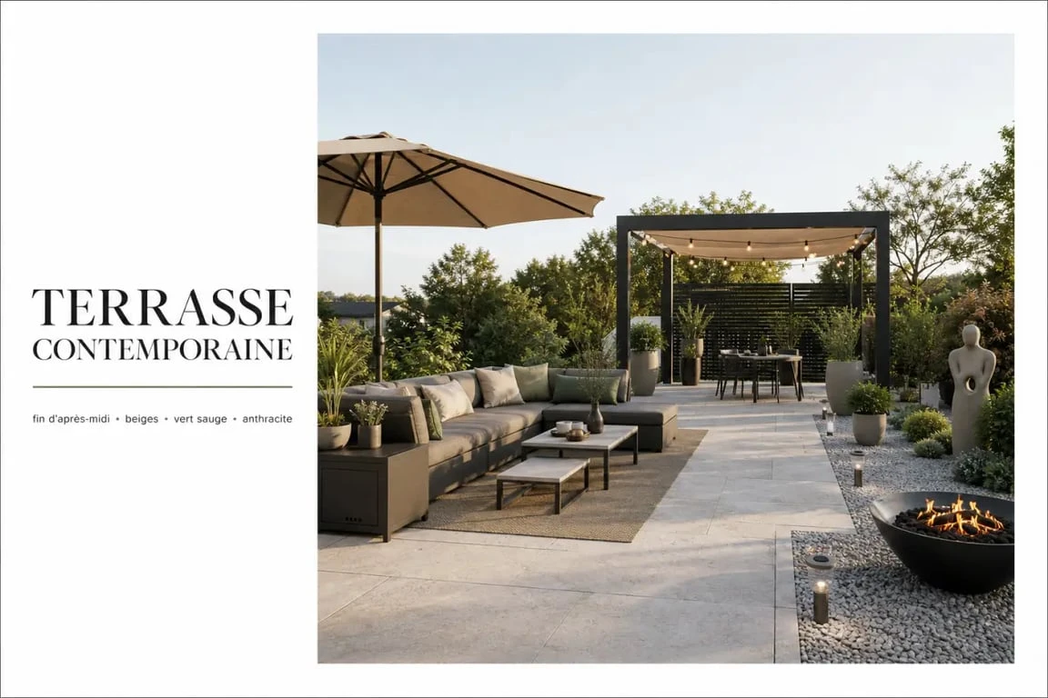 Idée de déco jardin extérieur avec terrasse élégante, luminaires, pots, bordures et coin détente