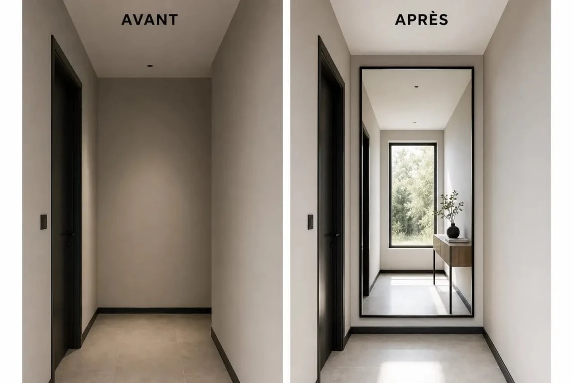 Miroir d'entrée dans une entrée étroite avant et après installation pour agrandir et éclairer l’espace