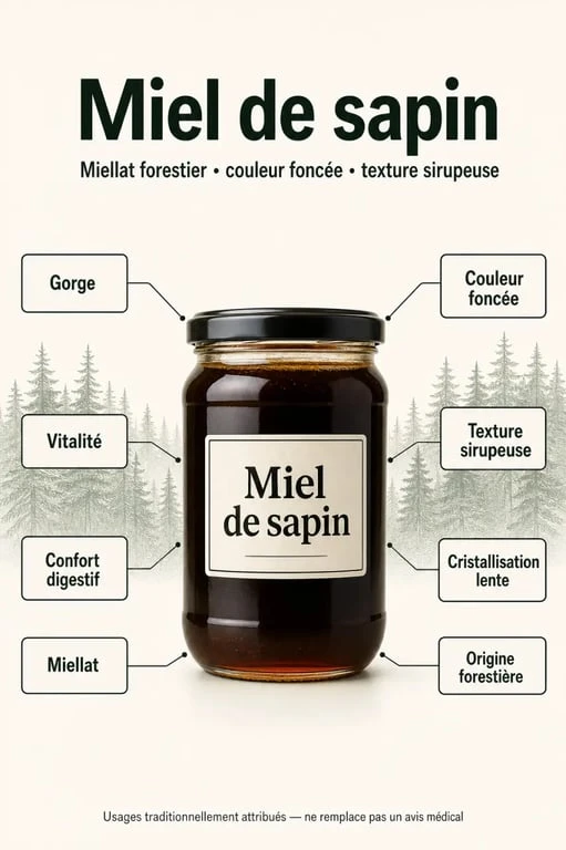 Miel de sapin bienfaits : illustration éditoriale des vertus, de l’origine au miellat et des caractéristiques du miel