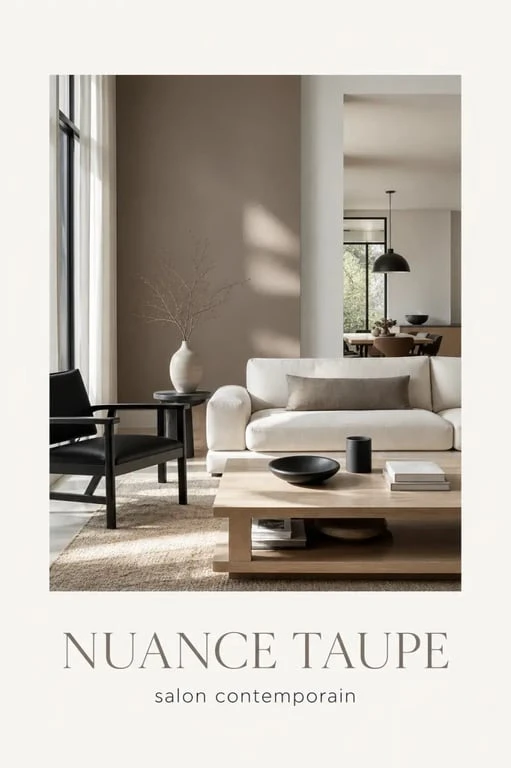 Peinture taupe dans un salon contemporain lumineux aux matières naturelles