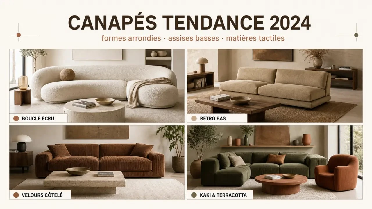 Canapé tendance 2024 avec formes arrondies, tissu bouclé, velours côtelé et couleurs naturelles dans un salon contemporain