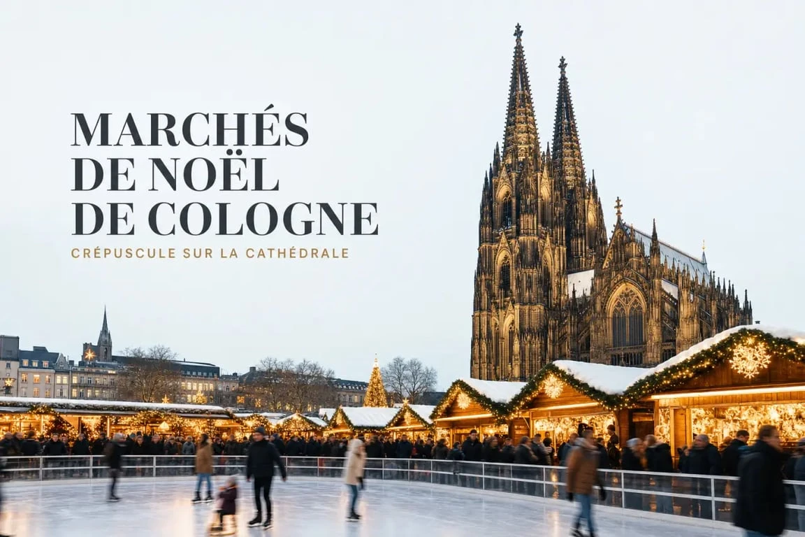 Cologne marché de noel devant la cathédrale illuminée au crépuscule