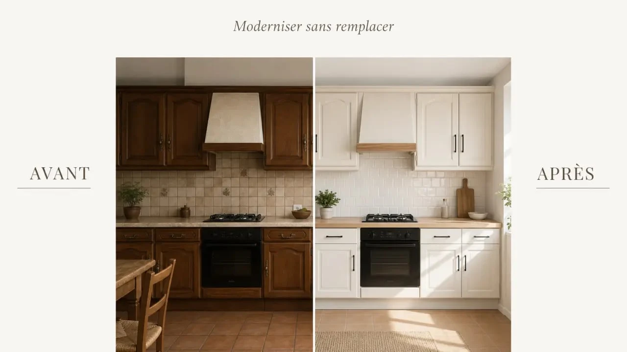 Rénover sa cuisine sans changer les meubles : avant/après d’une cuisine modernisée avec façades repeintes, nouvelles poignées et crédence claire