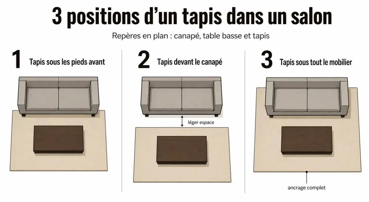 tapis dans salon : les 3 positions possibles par rapport au canapé et à la table basse
