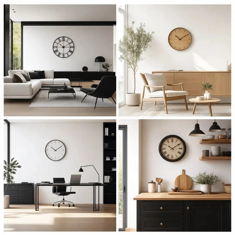 Horloges design mises en scène dans plusieurs ambiances intérieures