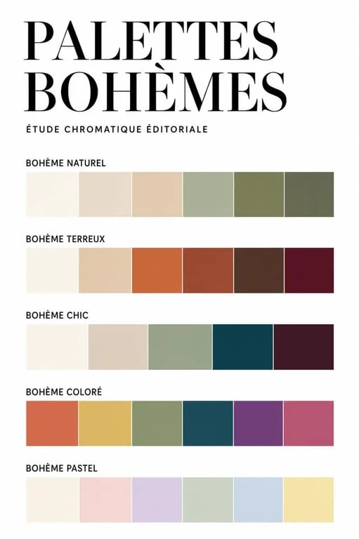 Palette éditoriale de couleur boheme avec nuances terracotta, beige, vert, ivoire et bordeaux