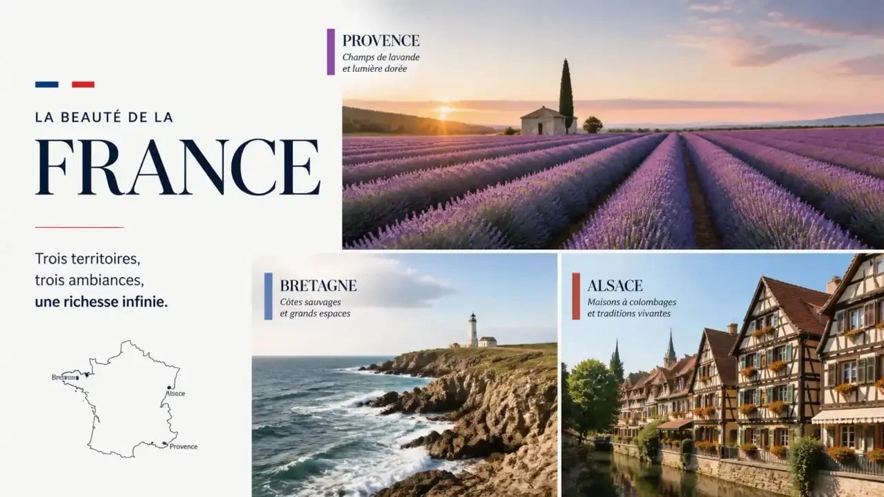 Paysages variés de France : lavande en Provence, côte bretonne et maisons alsaciennes, illustrant la diversité de la plus belle région de France.