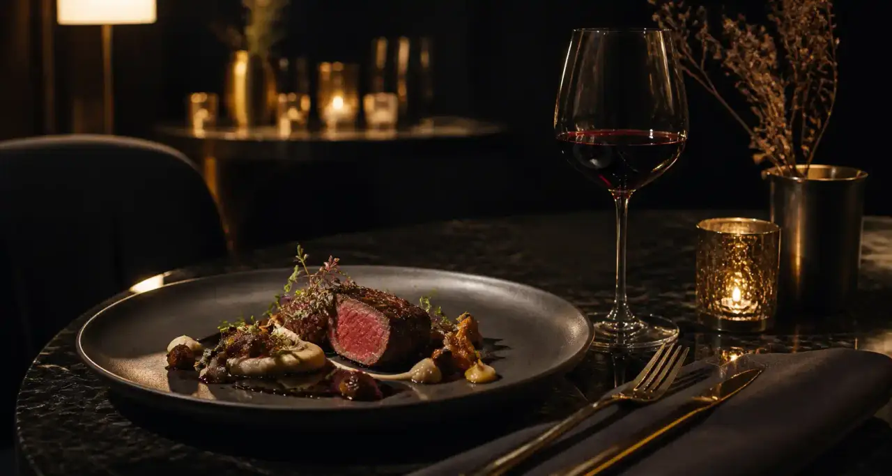 Assiette gastronomique dressée sur une table en marbre sombre, verre de vin rouge et lumière tamisée dans un restaurant haut de gamme