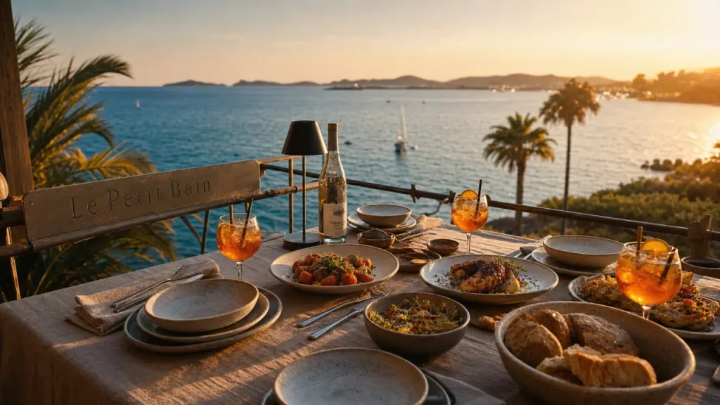 Le petit bain - restaurant festif hyères, vue mer et îles d’or au coucher du soleil.