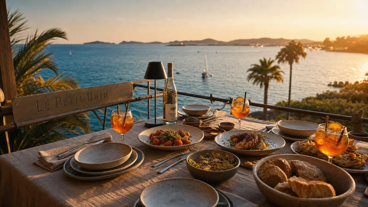 Le petit bain - restaurant festif hyères, vue mer et îles d’or au coucher du soleil.