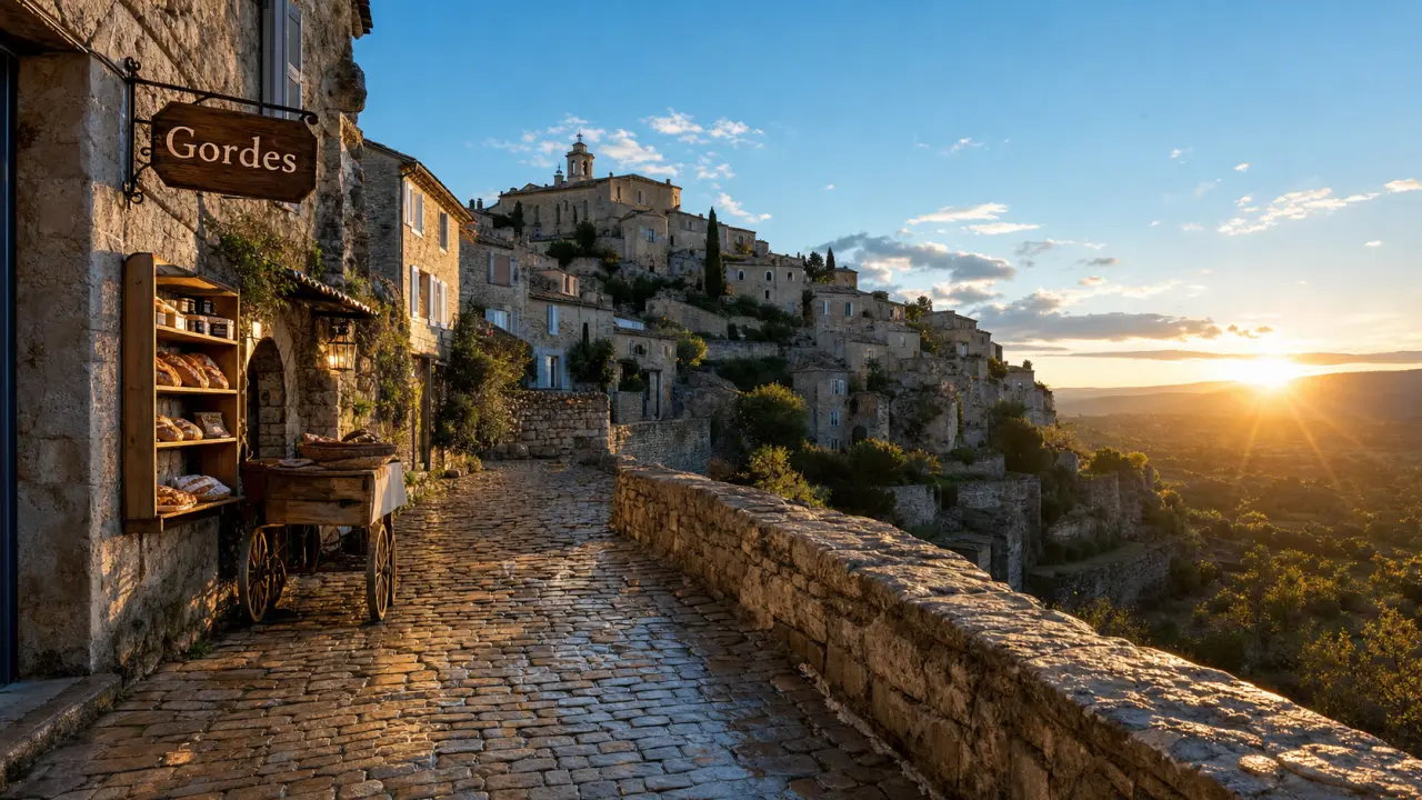 Village perché de Gordes en Provence au lever du jour, ruelle pavée