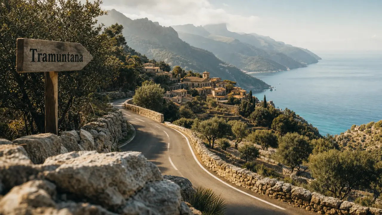 Majorque à visiter : vue Serra de Tramuntana, route sinueuse et village