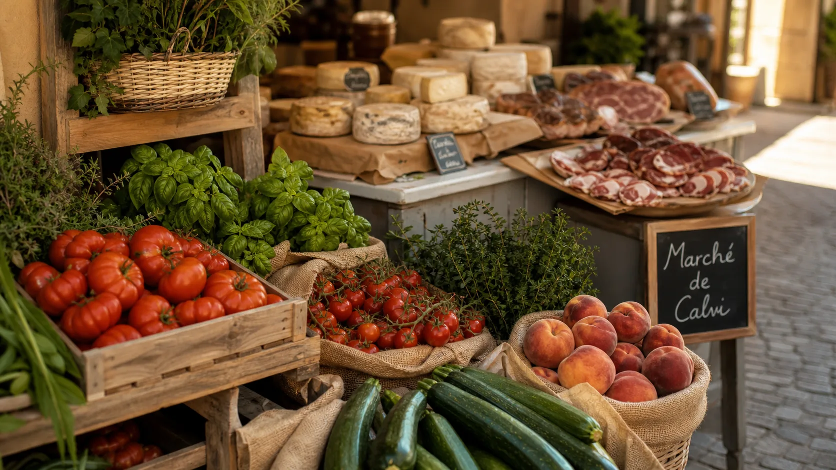 Marchés Calvi : étals du marché couvert, dimanche matin à Calvi