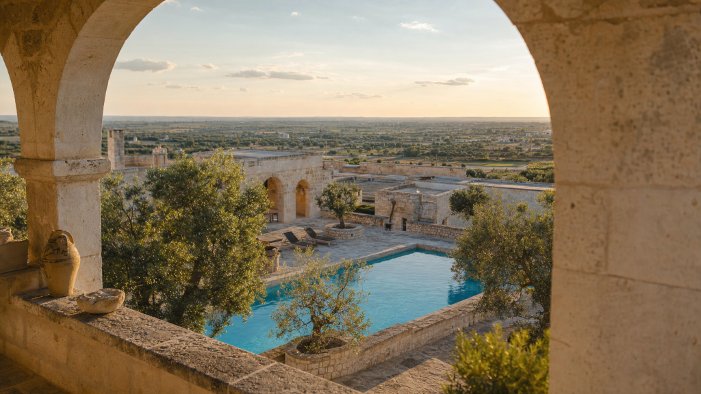 Masseria pouilles : cour et piscine au calme, vue terrasse
