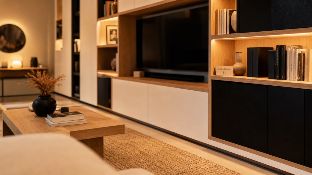 Meuble bibliothèque tv 140 cm pour écran 55 pouces, rangements salon