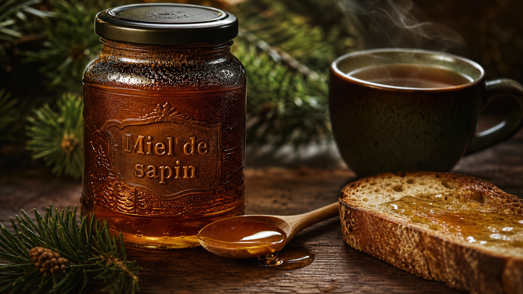 Miel de sapin bienfaits : pot, cuillère et tisane pour la gorge